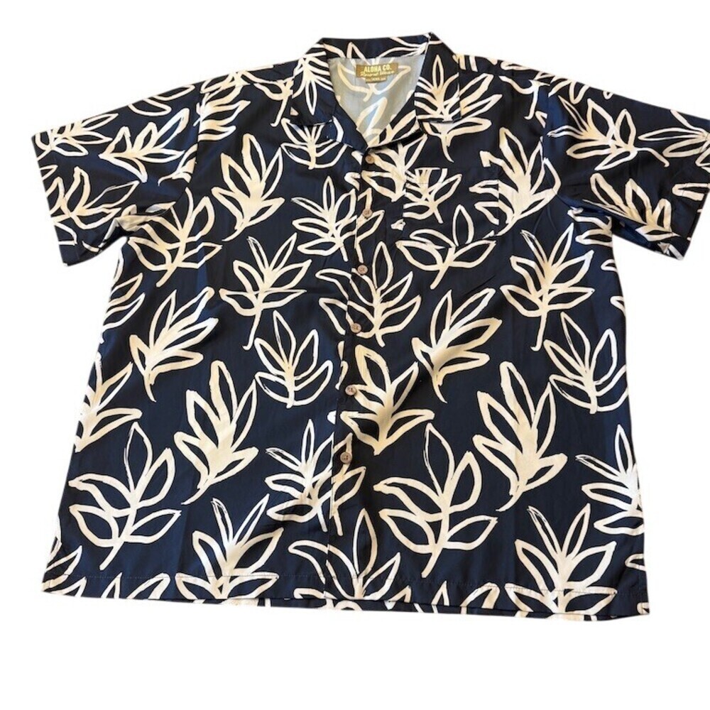 Aloha Co Hawaiian Shirt Navy Tropical Leaf 2XL